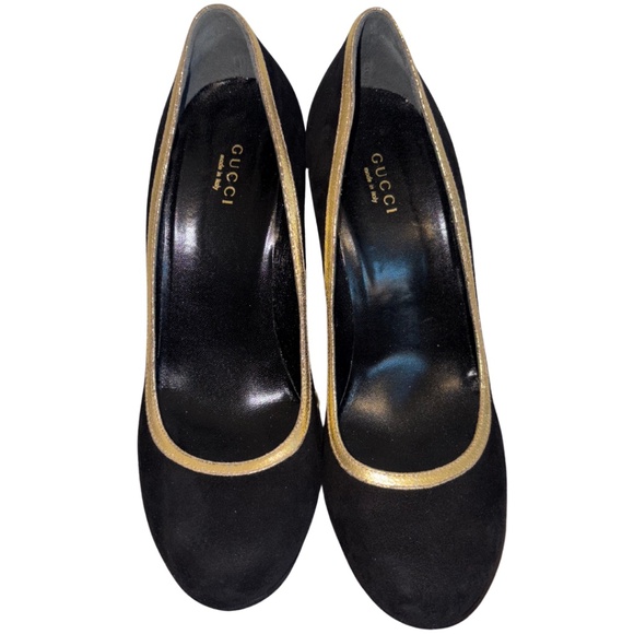 Gucci Black Suede and Gold Trim Platform Pumps - Picture 1 of 4